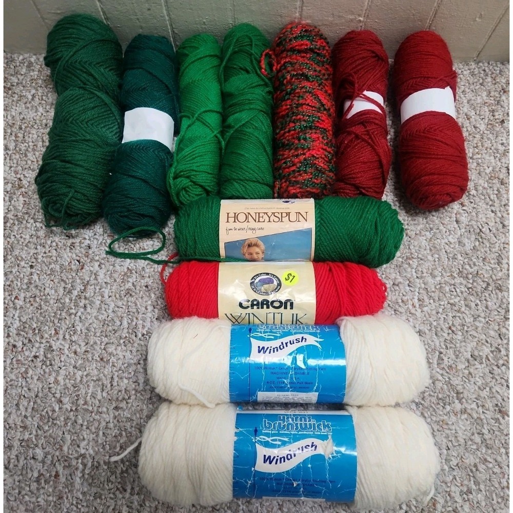 Acrylic Yarn Lot 11 Skeins Medium Weight Christmas Red Green White Wintuk Caron